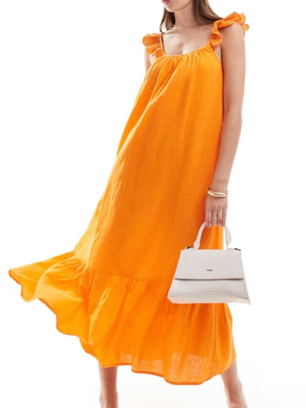 New YAS Loulou Scoop Neck Eyelet Sleeve Maxi Dress L Orange Trapeze Voluminous